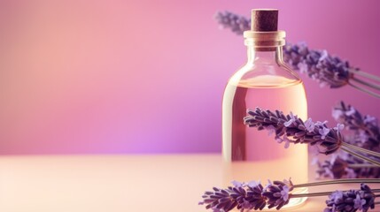 Obraz na płótnie Canvas Lavender Essential Oil on Light Purple Background AI Generated