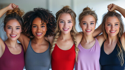 Group portrait of attractive happy diverse young women in yoga fitness studio. Beautiful people, fitness, and hygiene. - obrazy, fototapety, plakaty