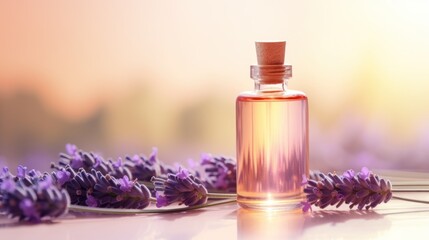Obraz na płótnie Canvas Lavender Essential Oil on Light Purple Background AI Generated