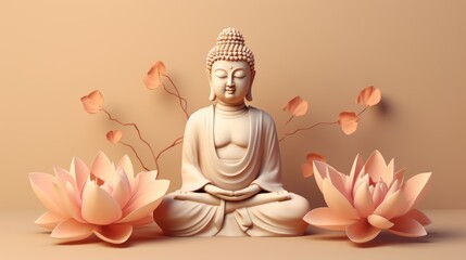 Buddha Figurine Among Lotus Flowers in Modern 3D Style on Beige Background AI Generated