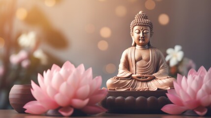 Buddha Figurine Among Lotus Flowers in 3D Style: Aromatherapy and Meditation Concept AI Generated