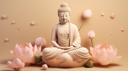 Buddha Figurine Among Lotus Flowers in a Modern 3D Style on a Beige Background AI Generated