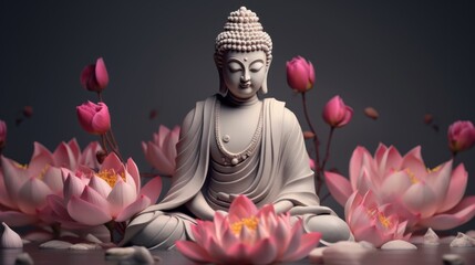 Buddha Figurine Among Pink Lotus Flowers in 3D Style on Gray Background AI Generated
