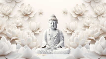 Buddha Figurine Among White Lotus Flowers in 3D Style AI Generated