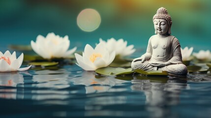 Tranquil Buddha Figurine on Water Surface Surrounded by White Lotus Flowers AI Generated