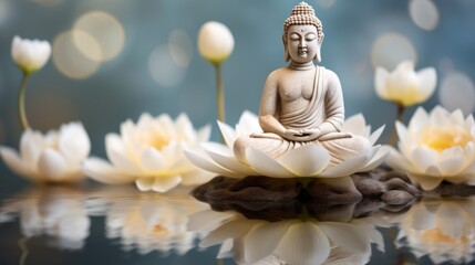 Tranquil Buddha Figurine on Water Surface Surrounded by White Lotus Flowers AI Generated