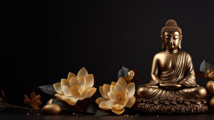 Golden Brass Buddha Statue Decorated with Lotus Blossoms on Black Background AI Generated