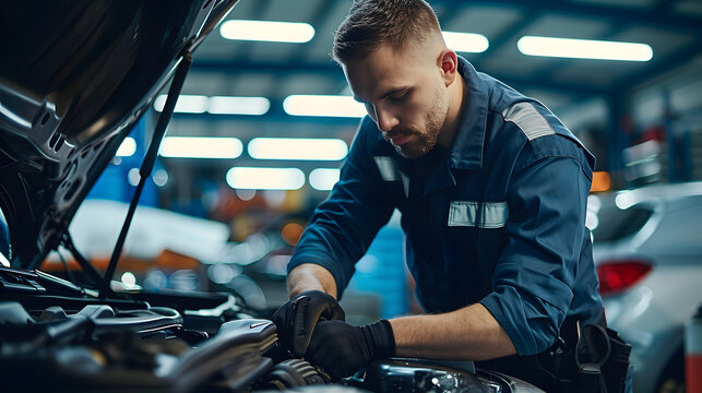 Attractive confident male auto mechanic working in Car Service