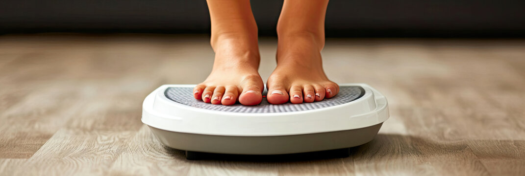 Person Standing on Scale on Wooden Floor, Health and Weight Measurement Concept
