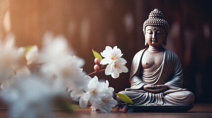 Buddha Statue on Table with White Flowers - Zen and Calmness AI Generated