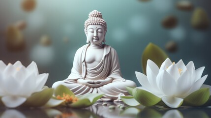 Zen and Calmness: Buddha Statue on a Table with White Lotus Flowers AI Generated