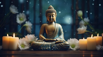 Tranquil Buddha Statue with Candles and White Lotus Flowers AI Generated