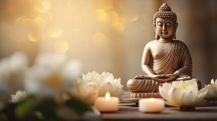 Tranquil Buddha Statue with Candles and White Lotus Flowers AI Generated