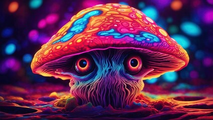 Fantasy mushroom with red eyes. Psychedelic fantasy image.
