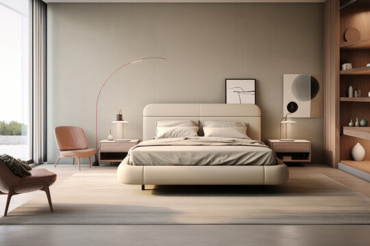 Minimal bedroom interior design in retro color with modern bed and decoration