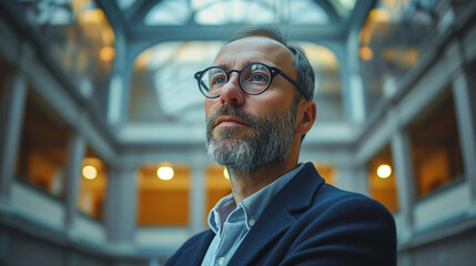 Portrait of professor of university standing indoor.