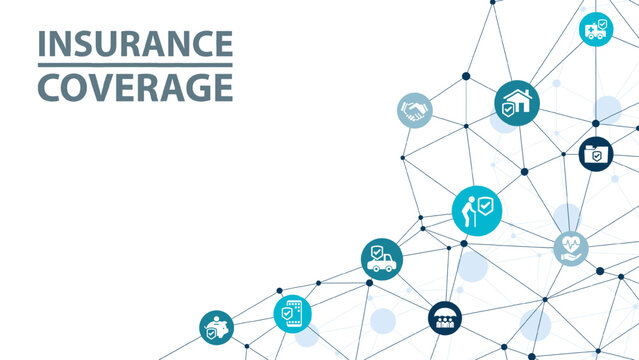 Insurance coverage. Blue concept with icons related to safety and protection, security, insured risks and liability. Health care, risk, help service. Car accident, travel insurance, flight protection.