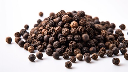 Closeup of Organic Peppercorn: Whole and Sliced Flying on White Background for Recipes AI Generated