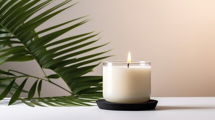 Obraz na płótnie Canvas Eco-Friendly Coconut Wax Candle in Black Jar with Green Leaf Plant on White Background AI Generated