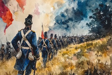 French history by watercolor paint Illustration. History of France wars. History of France in watercolor colors. French historical people Horizontal format