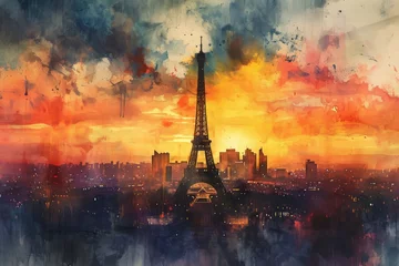 Foto op Canvas France. Eiffel Tower French Symbolism by watercolor paint Illustration. Symbol of France Illustration © Magiurg