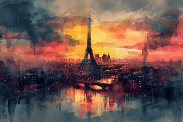 Eiffel Tower Symbol of France Illustration. French Symbolism by watercolor paint Illustration. - obrazy, fototapety, plakaty