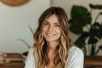 Woman With Long Hair Smiling Directly at Camera