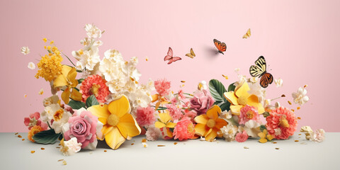 Beautiful Spring Easter or summer holiday and summer flower and butterflies Mother's Day spring banner with a colorful floral display valentine blossom spring flower petal pastel color peonies. - obrazy, fototapety, plakaty