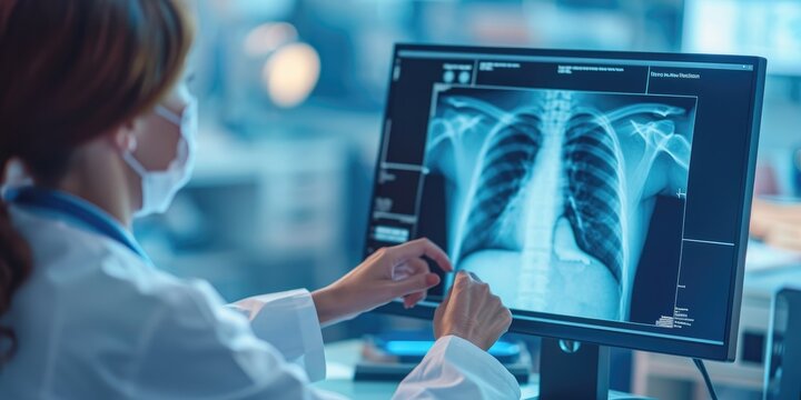 Doctor analyzing X-ray for healthcare diagnosis on a screen in hospital