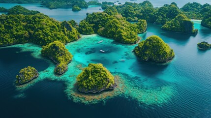 Vibrant aerial tropical archipelago, lush green islands