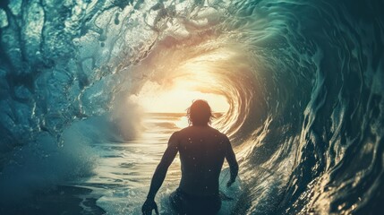 Fototapeta premium Surfer with board facing towering wave, back view