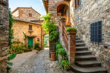 The picturesque village of Montefioralle, near Greve in Chianti, on a sunny summer day. Province of...