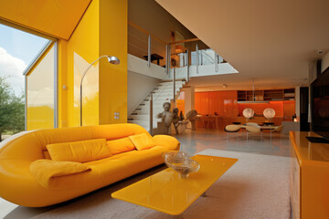 Modern bauhaus living room interior design marigold colors