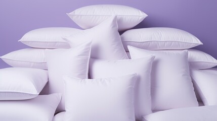 Pile of white soft pillows with different shapes on a light purple background, concept of comfort and elegance