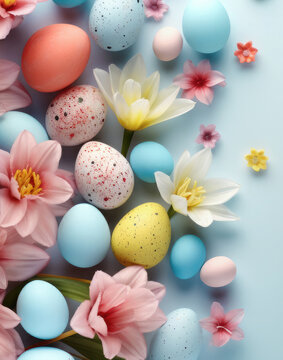 Easter poster and banner template with beautiful Easter multi-colored eggs and flowers.Promotion and shopping template for Easter. Beautiful easter promotion card.Top view, flat lay