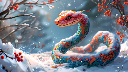 Happy Chinese New Year 2025, snake on the background of Christmas snow, zodiac sign according to the Chinese horoscope