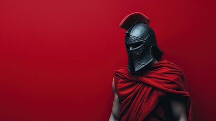 Mysterious warrior in a helmet and red cloak against a bold red background, evoking themes of ancient history and epic battles