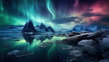 Naklejka premium View of night sky with multicolored aurora borealis and snowy mountains peak background. Night glows in vibrant aurora reflection on the lake with forest. 