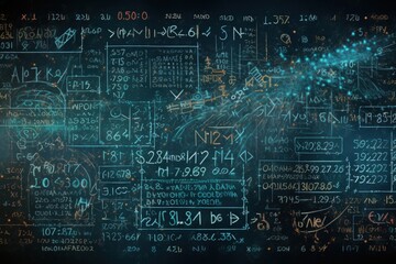 Scientific formulas and calculations on blackboard.
