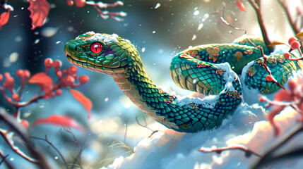 Happy Chinese New Year 2025, snake on the background of Christmas snow, zodiac sign according to the Chinese horoscope