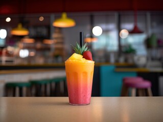 Colorful tropical fruit smoothie in a modern cafe setting during the mid-morning hours