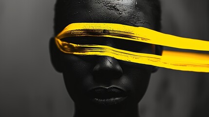 Fototapeta na wymiar Abstract portrait of a person with striking yellow paint streaks across the face, contrasting textures and colors