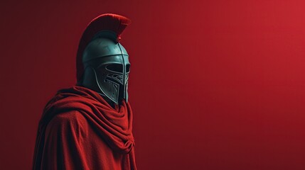 A mysterious warrior in a red cape and ancient helmet profiled against a deep red backdrop, evoking strength and history