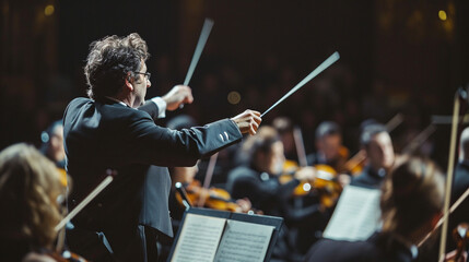 An immersive photograph featuring a conductor leading a chamber orchestra, with the baton tracing elegant arcs in the air, capturing the precision and artistry of their movements, - obrazy, fototapety, plakaty
