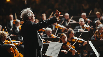 A visually rich composition showcasing a conductor in front of a large symphony orchestra, with a panoramic view of instruments, strings, and brass sections, highlighting the condu - obrazy, fototapety, plakaty