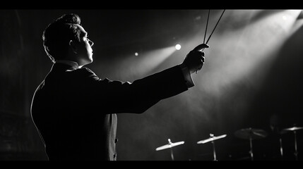 A dramatic shot of a conductor and baton in a monochromatic setting, with shadows and highlights accentuating the conductor's movements, creating a visually dynamic and timeless re - obrazy, fototapety, plakaty
