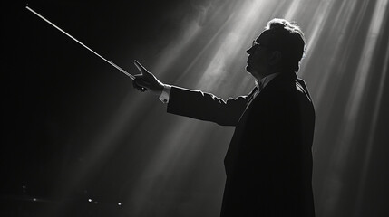 A dramatic shot of a conductor and baton in a monochromatic setting, with shadows and highlights accentuating the conductor's movements, creating a visually dynamic and timeless re