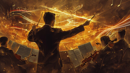 An artistic representation of a conductor in a rehearsal setting, surrounded by sheet music and a diverse ensemble, with the baton conducting a symphony of musical notes in the air - obrazy, fototapety, plakaty