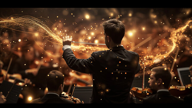 An immersive photograph featuring a conductor leading a chamber orchestra, with the baton tracing elegant arcs in the air, capturing the precision and artistry of their movements,