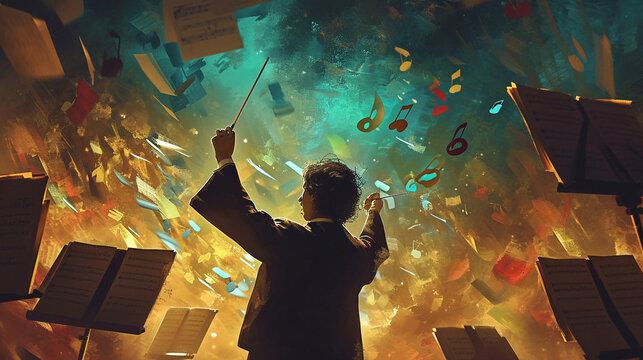 An artistic representation of a conductor in a rehearsal setting, surrounded by sheet music and a diverse ensemble, with the baton conducting a symphony of musical notes in the air